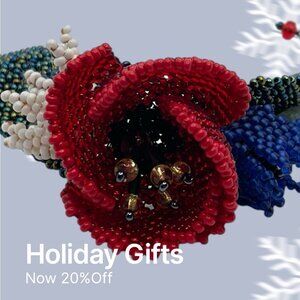 Beaded Bracelet Red Flower Design Lobster Clasp 5”